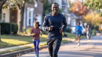 Fototapeta premium A man jogs happily while children run behind him on a sunny autumn morning