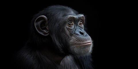 Fototapeta premium Photo of a chimpanzee isolated against a black background, emphasising the chimpanzee's majestic features. Wildlife and conservation concept, space for copy.