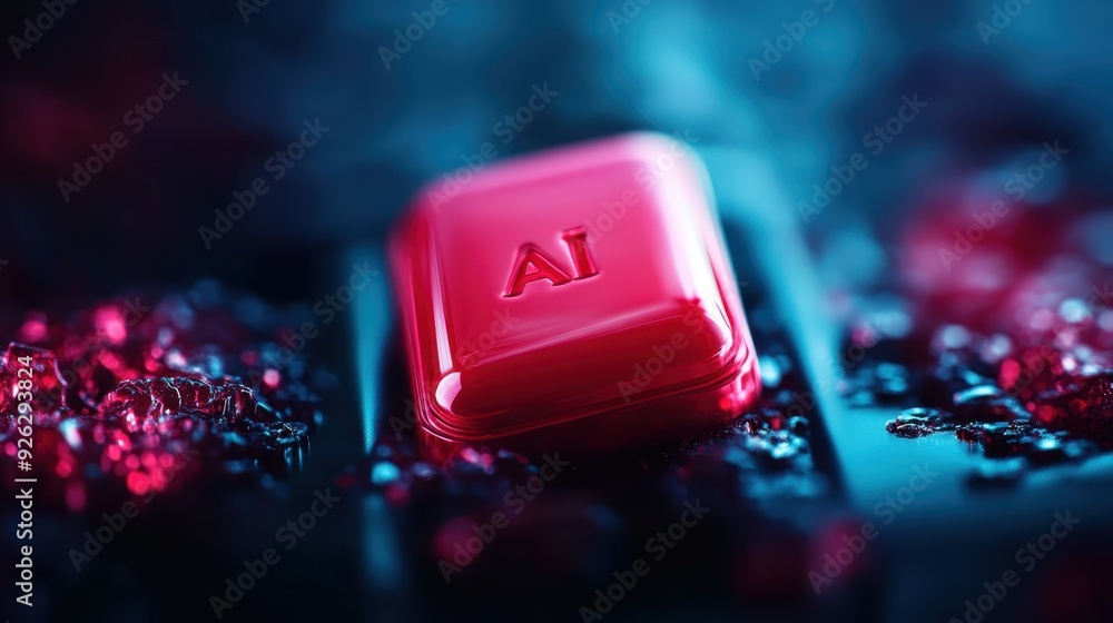 Poster this image features a red ai chip placed on a vibrant blue-toned surface surrounded by intricate det