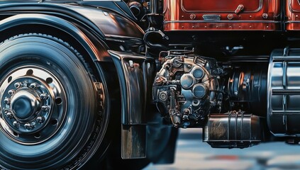 Close-up of a truck's wheel and engine.