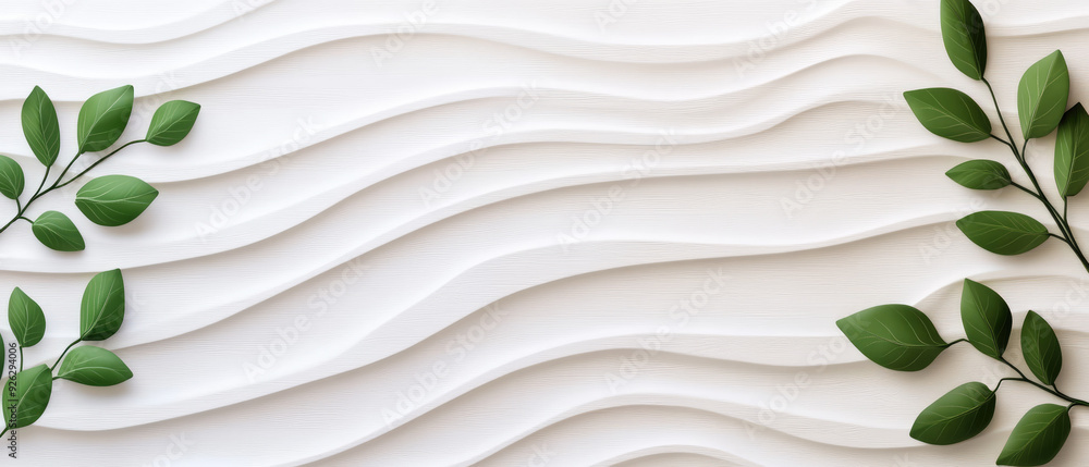 Poster textured white backdrop with flowing wave patterns, adorned with vibrant green leaves, creating a se