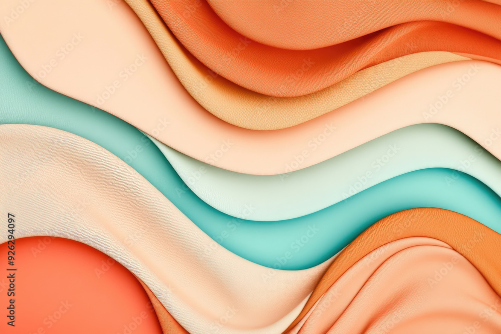 Poster abstract fabric waves, flowing layers of soft textures in warm oranges and cool aquas create a sooth