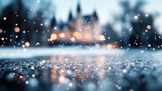 Snowflakes are captured in detail as they fall to the ground, with the soft glow of lights and a blurry silhouette of a castle in the background creating a magical winter scene.