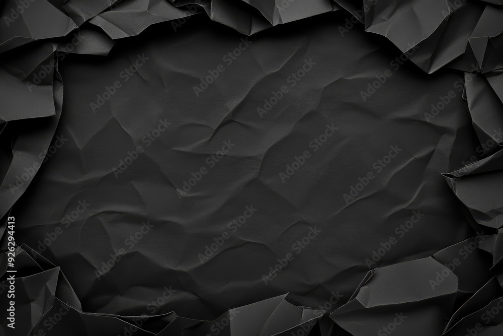Poster crumpled black paper, a textured, dark surface with intricate folds creating a sense of depth, ideal