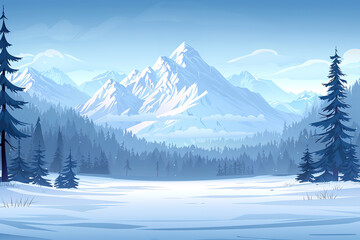 Winter wonderland with snow covered mountain peaks and pine trees illustration