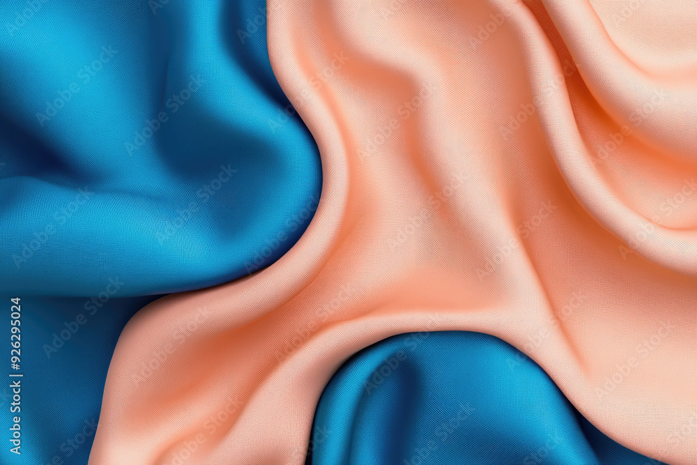 Poster silken waves of serenity, elegantly flowing blue and soft peach fabrics intertwine, creating a harmo