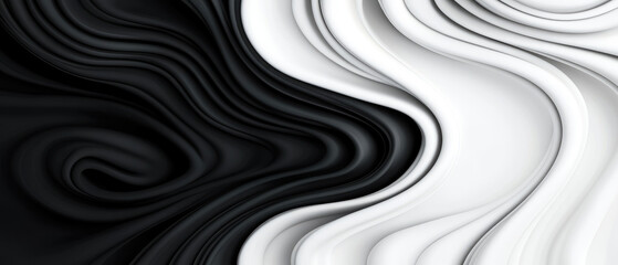 Fluid Harmony, an abstract depiction of intertwining black and white waves, creates a visually striking contrast, evoking themes of duality and balance in art.
