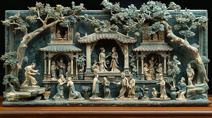 Fototapeta premium Antique Chinese soapstone carving, intricate oriental diorama with figures and pagodas, vintage jade green stone sculpture of traditional village life