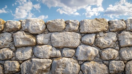 A wall made of large rocks with a blue sky in the background