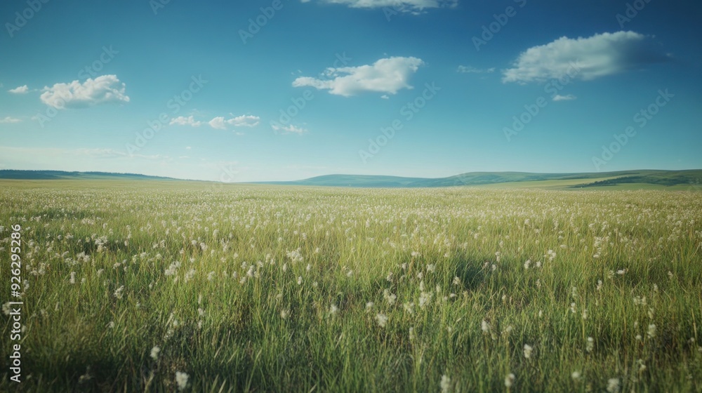 Poster Green Grass Field With White Flowers and Blue Sky