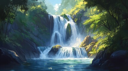 A Serene Waterfall Cascading Through Lush Green Foliage