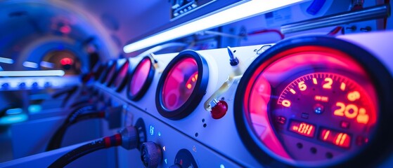 Detailed Macro Shot of Hyperbaric Oxygen Therapy Equipment and Gauges.
