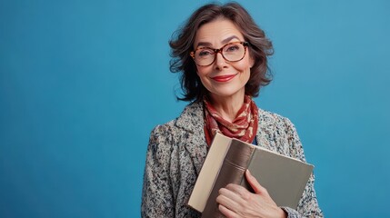 Obraz premium An older woman exudes confidence while holding a book and smiling against a blue background