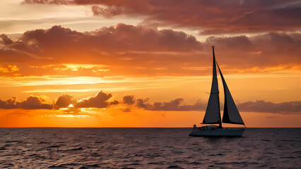 Background with copy space: Sailboat on ocean during sunset with clouds