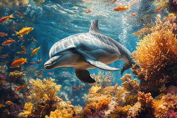 Fototapeta premium Dolphin's Coral Reef Serenade - generative AI