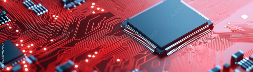 Aufkleber modern microchip on a vibrant red circuit board, showcasing intricate details and advanced technolog