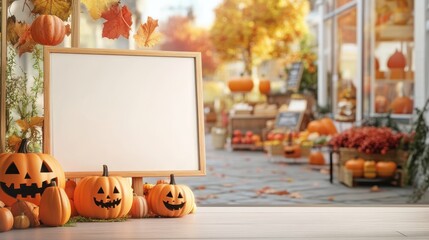 Obraz premium Emtpy billboard in bakery for new product promoting and advertisement in Halloween time.