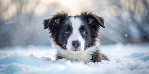 Fototapeta premium Cute border collie puppy lying in fluffy snow on a winter day