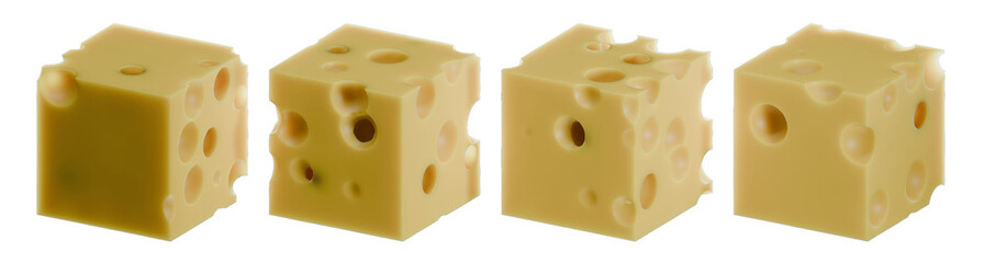 Set of four 3D rendered Swiss cheese cubes with distinct holes, isolated on transparent background with alpha channel, showcasing different angles and textures.