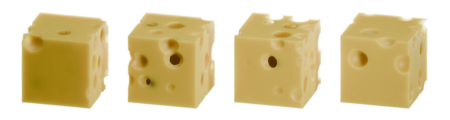 Set of four 3D rendered Swiss cheese cubes with distinct holes, isolated on transparent background with alpha channel, showcasing different angles and textures.