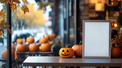 Obraz premium Empty banner signboard for advertising at the restaurant decorate by Halloween pumpkin.