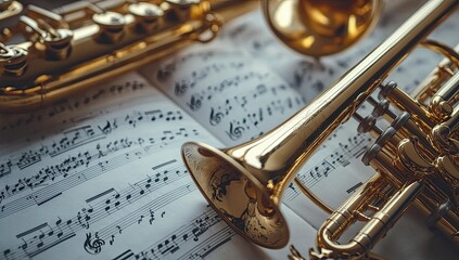 Trumpet and saxophone resting on sheet music.