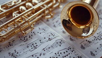 Golden trumpets rest on sheet music.