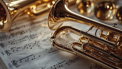 Obraz premium Gold trumpet on sheet music.