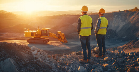 Drone view of two engineers and construction workers in yellow vests with helmets standing near a rock pile on a sunny day at a site where there is an excavator, truck