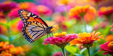 Fototapeta premium Vibrant butterfly perched delicately on a colorful flower in a garden setting