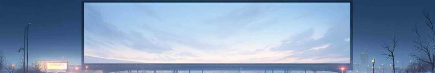 Fototapeta premium Enchanting Anime-Style Twilight: A Snowy City Park with a Large Blank Billboard, the Perfect Canvas for Ad Models and Abstract Art, Ideal for Game Concept and 4K Wallpaper.