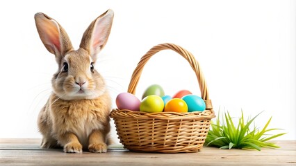 Easter bunny rabbit holding a basket filled with colorful eggs