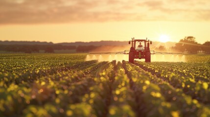 Fototapeta premium Tractor Spraying Crops at Sunset
