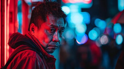 Obraz premium Tired Middle-Aged Asian Street Vendor Working At Vibrant Bangkok Market.