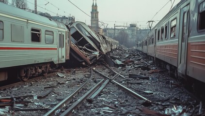Obraz premium Train wreckage on a railway track.