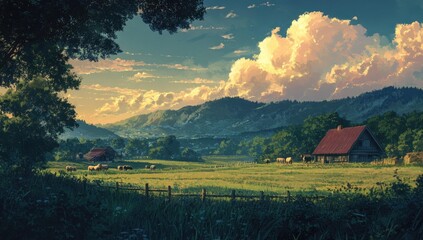 A rural landscape with a cabin, cows, and mountains.