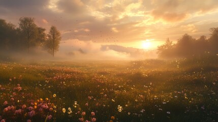 Sun-Kissed Meadow at Sunrise with Mist and Birds