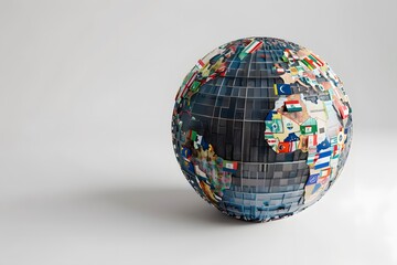 Obraz premium A detailed, full ultra HD image of a massive globe decorated with international flags and speech bubbles with country and language symbols