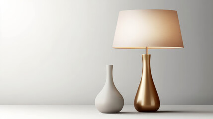 A lamp sits on a table next to two vases