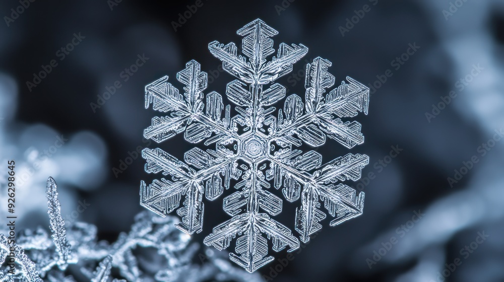 Poster intricate six-pointed snowflake with delicate crystal patterns