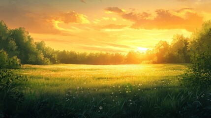 Fototapeta premium Golden Sunset Over a Field of Wildflowers and Trees