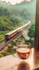 "On a morning balcony, a transparent coffee cup with steaming coffee sits against a backdrop of railway tracks on a green mountainside. A distant train approaches through the bokeh effect.