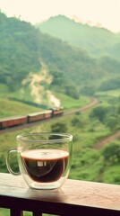 "On a morning balcony, a transparent coffee cup with steaming coffee sits against a backdrop of railway tracks on a green mountainside. A distant train approaches through the bokeh effect.