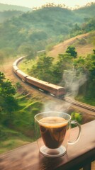 "On a morning balcony, a transparent coffee cup with steaming coffee sits against a backdrop of railway tracks on a green mountainside. A distant train approaches through the bokeh effect.