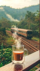 "On a morning balcony, a transparent coffee cup with steaming coffee sits against a backdrop of railway tracks on a green mountainside. A distant train approaches through the bokeh effect.