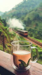 "On a morning balcony, a transparent coffee cup with steaming coffee sits against a backdrop of railway tracks on a green mountainside. A distant train approaches through the bokeh effect.