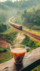 "On a morning balcony, a transparent coffee cup with steaming coffee sits against a backdrop of railway tracks on a green mountainside. A distant train approaches through the bokeh effect.