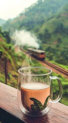 "On a morning balcony, a transparent coffee cup with steaming coffee sits against a backdrop of railway tracks on a green mountainside. A distant train approaches through the bokeh effect.