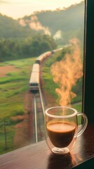 "On a morning balcony, a transparent coffee cup with steaming coffee sits against a backdrop of railway tracks on a green mountainside. A distant train approaches through the bokeh effect.