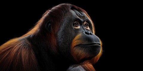 Photo of an orangutan isolated against a black background, emphasising the orangutan's majestic features. Wildlife and conservation concept, space for copy.